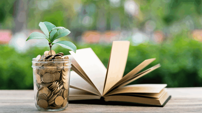 A small plant growing from a jar filled with coins. This image represents that even the smallest amount of money can grow into a great emergency fund.