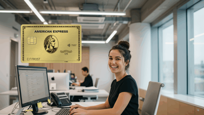 A cheerful woman in a black outfit working at a computer in a modern office. An American Express Gold Card is digitally overlaid in the foreground.