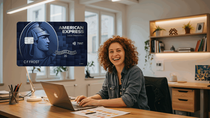 Smiling woman working on a laptop in a cozy office space, with the American Express Blue Cash Preferred card floating in the foreground. The card features a design with the statue of liberty and 'Member Since 16