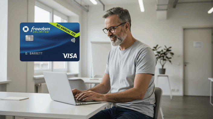 A smiling middle-aged man with gray hair and glasses is working on a laptop in a modern, well-lit office. A Chase Freedom Visa Signature credit card is digitally overlaid in the top left corner.