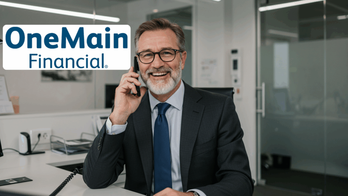 Mature man in a business suit smiling while talking on the phone in a professional office setting, with the OneMain Financial logo visible next to him.