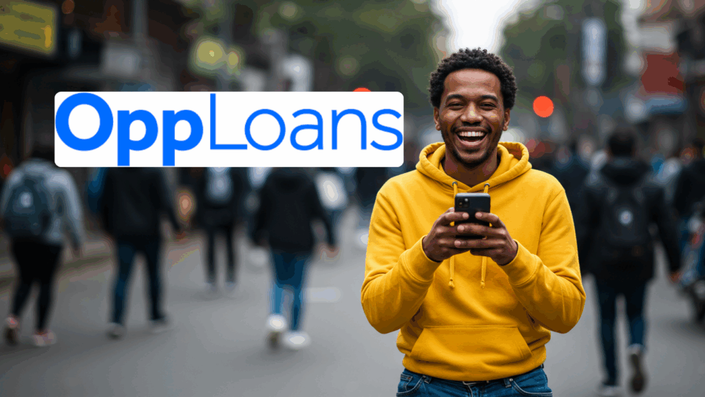 Young man in a yellow hoodie smiling broadly while holding his smartphone on a crowded urban street. The OppLoans logo appears on the left side of the image.