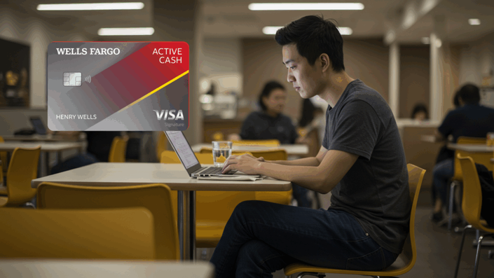 A focused young man working on a laptop in a busy café or coworking space, with a Wells Fargo Active Cash Visa credit card image overlaid on the left side.