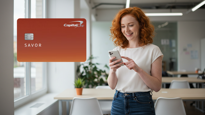 A smiling woman is using her smartphone while standing in an office, with the Capital One Savor card visible in the foreground.
