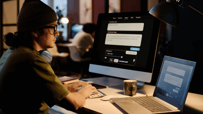 A person wearing a beanie and glasses is focused on a computer screen displaying an interface for an image generation tool, while also looking at a laptop showing a chat interface, representing someone learning to use AI and Automation tools.
