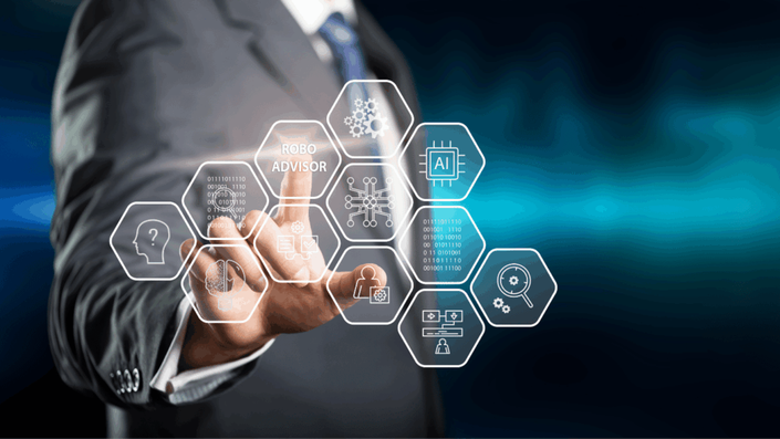 A businessman's hand touches a holographic screen displaying various hexagonal icons related to technology and finance, with "ROBO ADVISOR" prominently featured, illustrating the evolution and landscape of robo-advisors.
